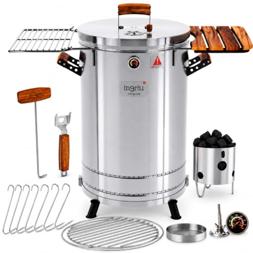 3-in-1 Stainless Steel Smoker Barrel Grill Premium – Portable Charcoal BBQ with Thermometer, 40 lbs Outdoor Cooking Smoker for Camping, Backyard & Home BBQ INGRILL