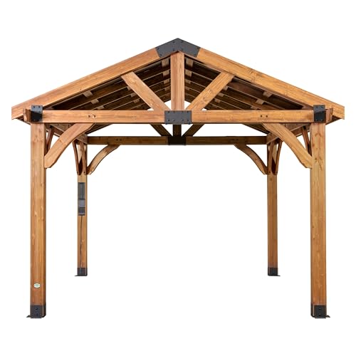 Backyard Discovery Arlington 12' x 12' Cedar Wood Outdoor Gazebo Pavilion with Hardtop Galvanized Steel Peak Roof, Snow Support, Wind Resistance, PowerPort, Shade for Garden, Patio, Deck, Entertaining