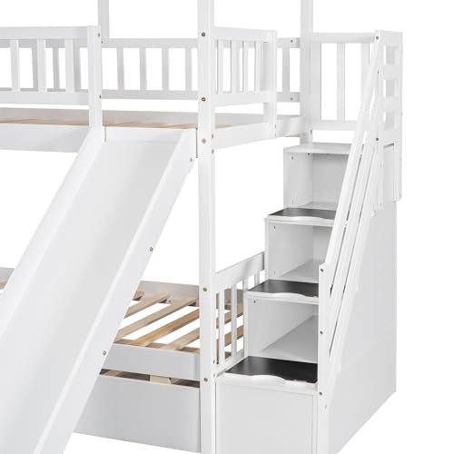 Polibi Twin-Over-Twin Bunk Bed with Storage, Trundle & Slide White