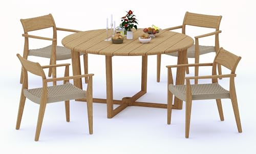 WholesaleTeakFurniture Grade-A Teak Wood 4 Seater 5 Pc Dining Set: 60" SEMA Round Table and 4 SEMA Arm Chairs #21Se3404