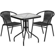 BOWERY HILL 3 Piece Rattan/Glass Square Patio Bistro Set, Black Finish, Includes Table and 2 Chairs, Rippled Glass Top, Lightweight Design, Indoor/Outdoor Use, Commercial or Residential Patio