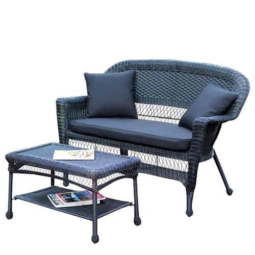 Jeco Wicker Patio Love Seat and Coffee Table Set Black
