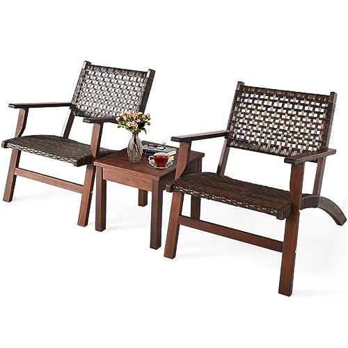 DUYHBAWRS 3PCS Outdoor Patio Rattan Furniture Set Solid Wood Frame Chair Coffee Table