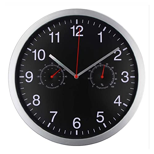 KYTGFH Metal Silent Quartz Wall Clock Quiet Movement Thermometer Hygrometer Black and White