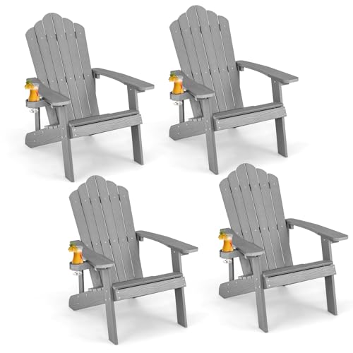 ORALNER Outdoor Adirondack Chair with Cup Holder, Plastic Resin Outdoor Deck Chair, 380 LBS Capacity, for Patio, Backyard, Porch, Balcony, Poolside, Garden, Lawn, Firepit (4, Gray)