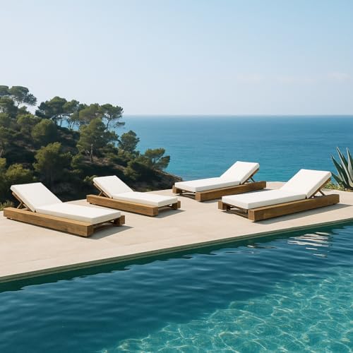 Christopher Knight Home Tory Acacia Wood Chaise Lounge Chair Outdoor Set of 4, Adjustable Backrest Sun Lounger Recliner, Patio Outdoor Chaise Lounge with 4" Thick Water-Resistant Cushions, Teak+Cream