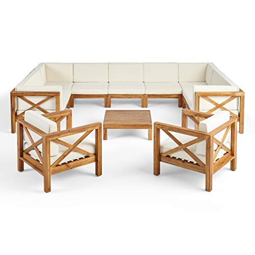 Great Deal Furniture GDFStudio Outdoor 11 Seater Acacia Wood Sectional Sofa and Club Chair Set, Teak Finish and Beige