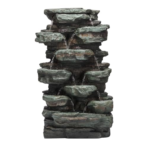 Alpine Corporation WIN930 Outdoor Multitiered Cascading Rock Garden Water Floor Fountain with LED Lights, 39" H, Green