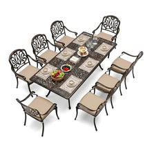 Attliasalon 9-Piece Cast Aluminum Outdoor Dining Set Retro Patio Dining Set for 8 Includes 86.6’’ Rectangular Table and 8 Chairs with Removable Cushion and Umbrella Hole for Patio Deck Garden Porch