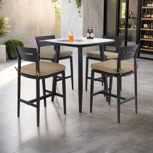 Hassyee 5 Pieces Patio Bar Set with 4 Bar Swivel Chairs and Sintered Stone Bar Table for Poolside, Outdoor Furniture Set with Aluminum Frame and Removable Cushions for Backyard (5 PCS + Brown)