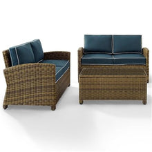 Pemberly Row 3-Piece Wicker Patio Sofa Set, Weathered Brown Resin Wicker, Navy Cushion Covers, Steel Frame, Tempered Glass Table, Outdoor Furniture for Patio or Garden, 121" x 55" x 32.5"