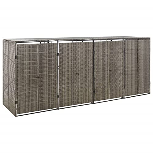 Yolola Outdoor Trash Bin Cover, Outdoor Garbage Bin, Quadruple Bin Cover in Polyrattan Grey 274 x 80 x 117 cm