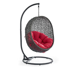 Modway Hide Wicker Rattan Outdoor Patio Porch Lounge Egg Swing Chair Set with Stand in Gray Red