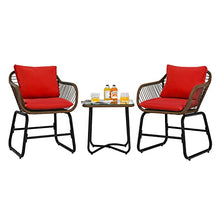 3PCS Patio Rattan Bistro Set Cushioned Chair Glass Table Deck Red Armchair Square Table