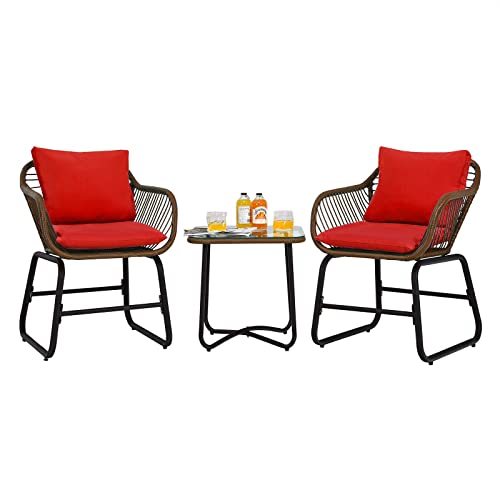 3PCS Patio Rattan Bistro Set Cushioned Chair Glass Table Deck Red Armchair Square Table