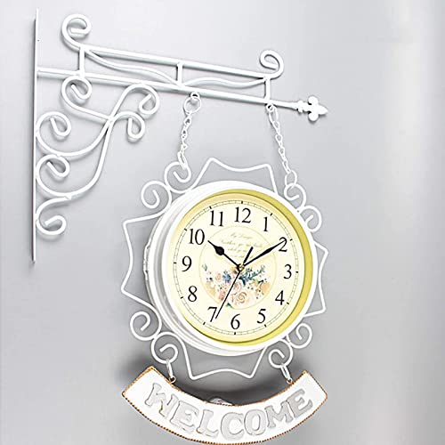 EHVYBDX Wall Clock Art Clock Waterproof Outdoor Clock Garden Clocks, 10 Inch Double Sided Outdoor Wall Clock Retro Outdoor Clocks Battery Operated Silent Clocks White Wall
