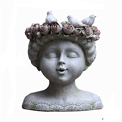 Statues Garden Ornaments Outdoor Vase Figurines Home Furnishing Decor Three Little Birds Stand On The Head of A Girl Wearing A Wreath Flower Pot Gray
