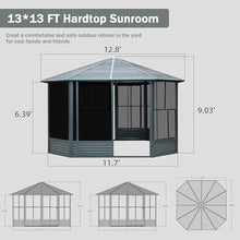 13x13 FT Sunroom, Four Season Enclosed Hardtop Gazebo with Galvanized Steel Roof, Aluminum Octagonal Solarium Sun Room with Movable PVC Screen Walls, Sliding Doors, Metal Hard Top Gazebo for Patio