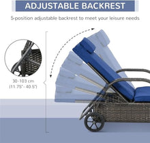 UOPYNE Patio Chaise with Wheels, Patio PE Wicker Chaise Lounge, Outdoor Cushioned Wicker Chaise Lounger Adjustable Sun Lounger for Outside Sunbathing Camping Pool Beach