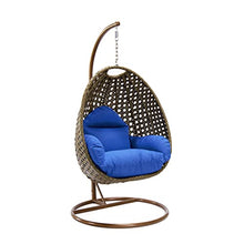 LeisureMod Wicker Rattan Hanging Egg Swing Chair with Stand & Cushion - Blue Swing Chair for Indoor/Outdoor, Patio, Bedroom, Lounge Seat