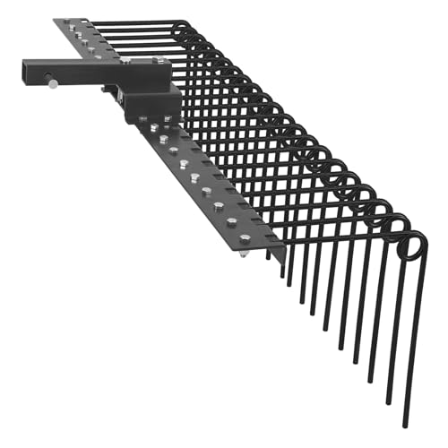 Garvee 48 Inch Durable Pine Straw Rake Steel Spring Landscape Rake Fits 2" Receiver for Lawn Tractors or ATV/UTV, Black