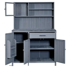 Merax Outdoor Garden Potting Bench with Hutch, 65" H Solid Fir Wood Patio Garden Workstation Tabl with Large Countertop, Adjustable Shelves, Door Rack, Side Hook and Drawer, Gray