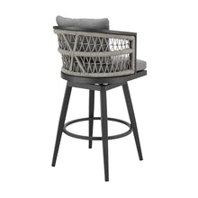 Armen Living Zella Outdoor Patio Swivel Bar Stool in Aluminum with Light Gray Rope and Earl Gray Cushions