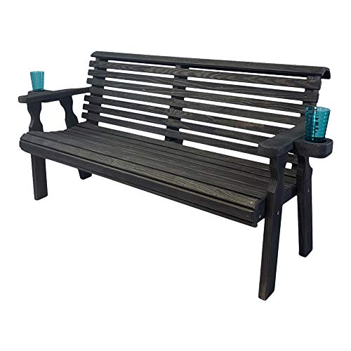 Amish Casual Heavy Duty Pressure Treated 5 Foot Outdoor Garden Bench with Cup Holders - Amish Crafted Roll Back Design in Black Stain, 700 Lb Weight Capacity