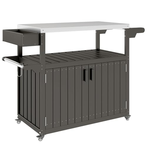 Amgalers 45.7" Outdoor Kitchen Cart, Prep Table with Stainless Steel Top, Storage Cabinet, Wheels & Hooks for Patio, Backyard BBQ & Parties(Dark Gray)