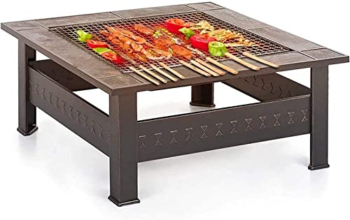 Garden Fire Pit Portable Grill Barbecue Rack 31 Inch Large Bonfire Wood Burning Patio & Backyard Firepit for with Spark Screen, Poker, and Round Fireplace Cover with Cover BBQ Cooking