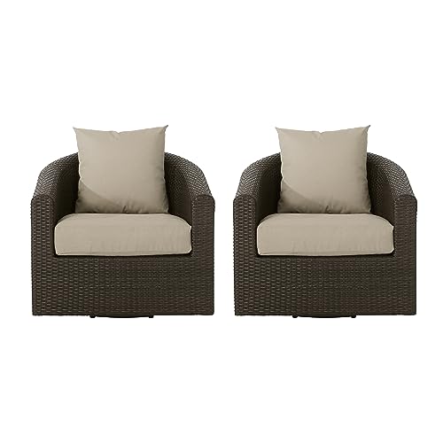 GDF Studio Dillard Outdoor Aluminum Framed Mix Brown Wicker Swivel Club Chair with Water Resistant Cushions (Set of 2, Mix Khaki), (302128)