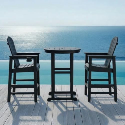 Hassyee 3-Piece Black HDPE Bar Set with Round Bar Table and Umbrella Hole for Poolside, Lawn, Outdoor Furniture Set with 2 Bar Chairs and Slatted Design for Backyard, Balcony
