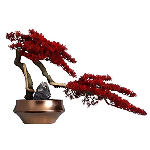 Artificial Bonsai Artificial Tree Bonsai Creative Red Leaf Tree Bonsai Golden Flowerpot Stone Landscaping Living Room Office Study Decoration Fake Plants for Home Office