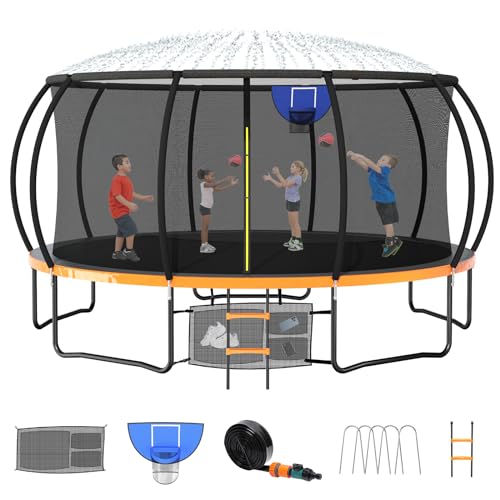 Zevemomo Upgraded 16FT Trampoline with Basketball Hoop and Sprinkler Orange