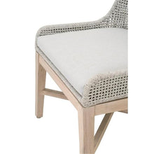 MAKLAINE Transitional Outdoor Dining Chairs, Set of 2, Gray Teak Wood Frame, Taupe and White All-Weather Fabric Cushions, Rope Pattern Seat Back, 34.5" H x 24.75" W x 23.5" D, Patio Seating
