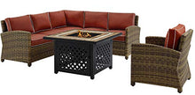 Crosley Furniture Bradenton 5-Piece Wicker Outdoor Sectional Sofa Set with Fire Pit Table Brown with Sangria Cushions