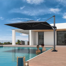 OROTLECT 8' Square Tilt Cantilever Gray Umbrella with Base in Ground and Crank Lift Counter Weights Included