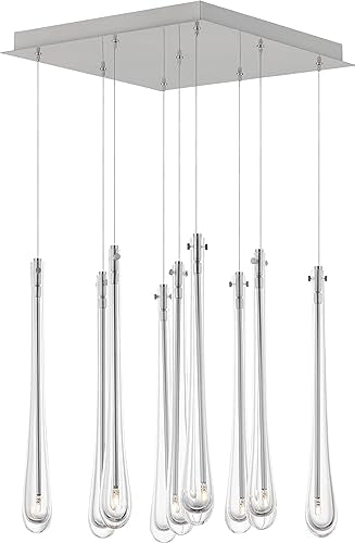 ET2 Lighting Stillo 9-Light Pendant | Satin Nickel Finish | Clear Crystal Glass Shade | Transitional Hanging Pendant Light for Kitchen Islands | Adjustable Cord Suspension | E24217-122SN