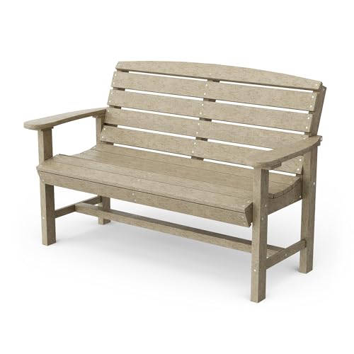 Wildridge Classic Bench, Weathered Wood - Outdoor Weather Resistant Poly Lumber Bench for Patio, Deck, Garden