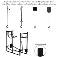 Wood Lumber Storage Indoor Outdoor Wrought Iron Fireplace Firewood Stand 43.5 Inch Long Black Sand Grain Matte Rectangle with 4 Tools 2 Large Hooks