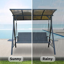 3 Seater PE Rattan Porch Swing w/Adjustable Polycarbonate Hardtop and Side Tables for Garden, All Weather Patio Swing Bench w/Steel Frame & Quick Drying Foam Seat for Deck, Balcony