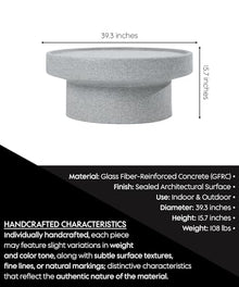 eldimer no.101 GFRC Concrete Coffee Table 39.3” - Handcrafted Round Modern Architectural Table, Weather Resistant, Indoor & Outdoor, 108 lbs Solid Cement Construction for Patio or Living Room