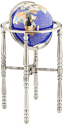 Unique Art Since 1996 Blue Lapis Gemstone World Globe with Silver Stand