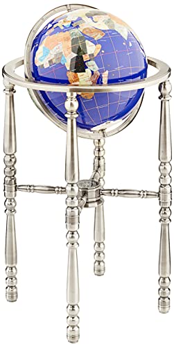 Unique Art Since 1996 Blue Lapis Gemstone World Globe with Silver Stand