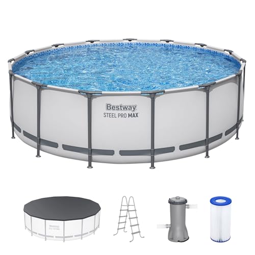 Bestway Steel Pro MAX 15' x 48" Above Ground Pool, Round Metal Frame Outdoor Swimming Pool Set with Filter Pump, Ladder, and Cover, Gray