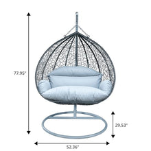 LeisureMod Hanging Egg Chair with Stand for Indoor Outdoor Wicker Patio Swing Chair Open Weave Basket Design with Cushion Metal Frame for Patio Garden Balcony (Grey Frame Light Grey Cushion)