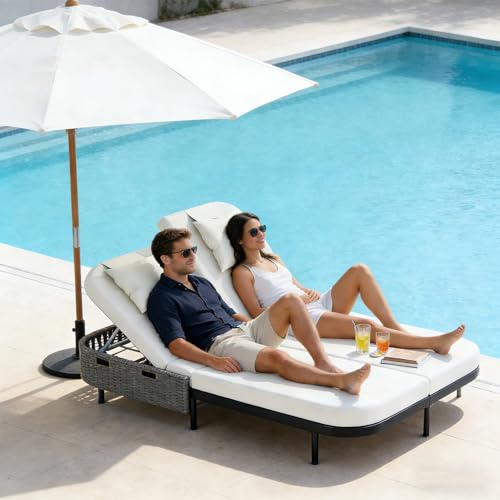 BAIESTWANG 800LB Capacity Outdoor Double Daybed with 5-Level Reclining Backrests, Patio Rattan Loveseat Iron Frame, Removable Cushions & Pillows Washable, Beige+Black