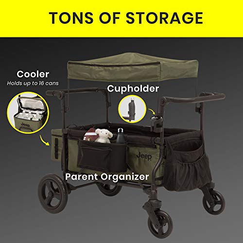 Delta Children Jeep Deluxe Wrangler Stroller Wagon with Cooler Bag and Parent Organizer Black/Olive Green