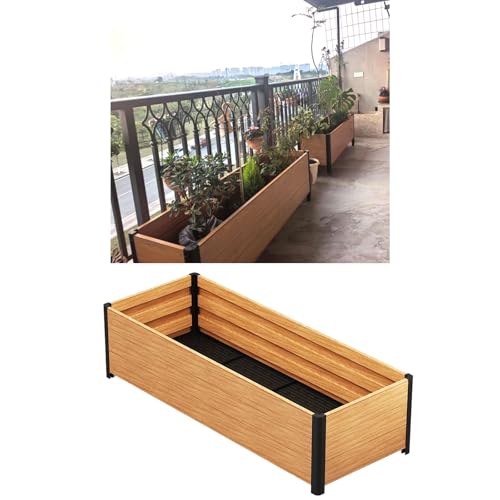 Wood Grain Aluminum Trough Planter, Long Raised Patio Plant Container, Outdoor Window Garden Box for Balcony Railings Herbs Flowers(H60cm(24in),60x120cm/24x47in)