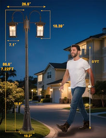 EERU Dusk to Dawn Outdoor Lamp Post Light with Outlet, Electric 2-Head Outdoor Pole Light Farmhouse Street Light Post for Outside Waterproof Black Exterior Pillar Lantern for Garden Patio Driveway